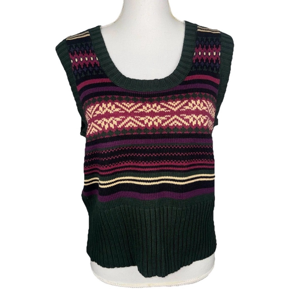 Dressbarn L Fair Isle Sweater Vest Green Purple Pink Nordic Cottagecore Cozy
